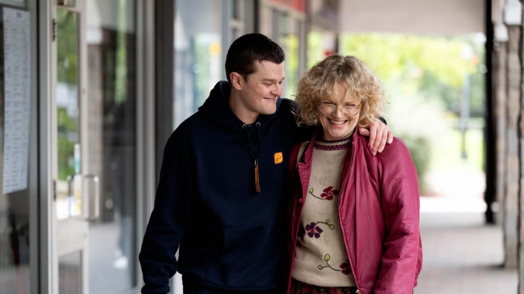 Robert Aramayo as John Davidson and Maxine Peake as Dottie Achenbach in I Swear, directed by Kirk Jones. Photo: Graeme Hunter. Copyright: One Story High/Tempo Productions, I Swear. All Rights Reserved.