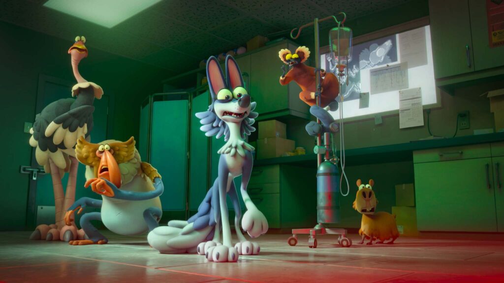 Ash the ostrich, Felix the monkey, Gracie the wolf, Xavier the lemur and Frida the capybara in Night Of The Zoopocalypse, directed by Ricardo Curtis and Rodrigo Perez-Castro. Copyright: Kazoo Films. All Rights Reserved.