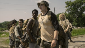 Joshua Odjick as Parker, Jordan Gonzalez as Harkness, David Jonsson as McVries, Cooper Hoffman as Garraty, and Charlie Plummer as Barkovitch in The Long Walk, directed by Francis Lawrence. Photo: Murray Close. Copyright: Lionsgate. All Rights Reserved.